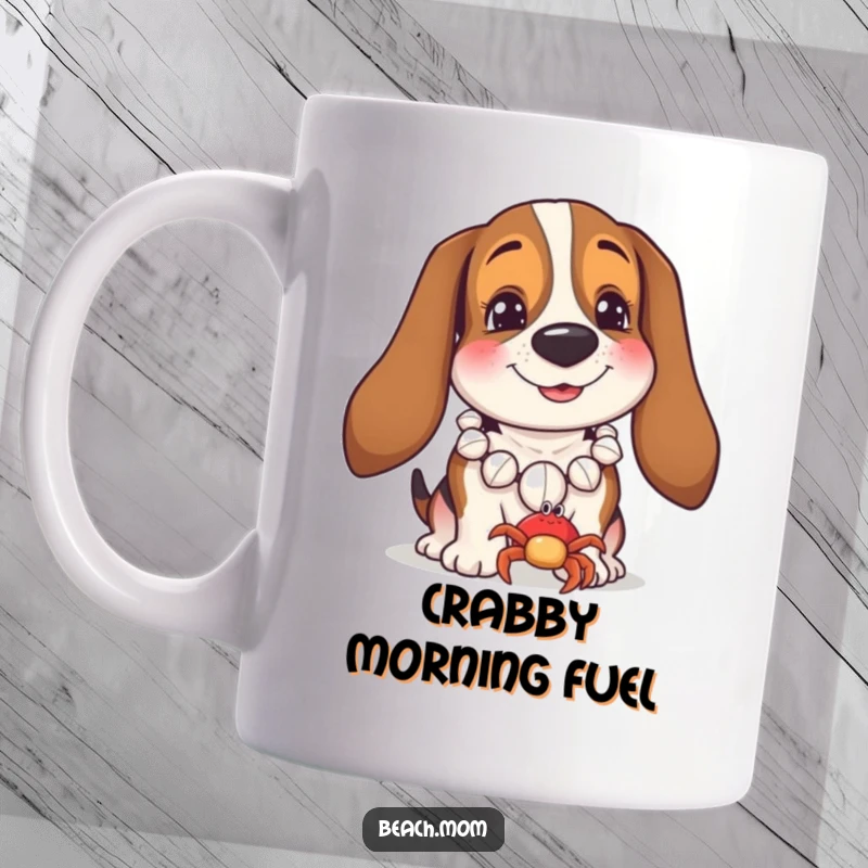 Funny Basset Hound mug featuring a dog wearing a seashell necklace, smiling at a tiny crab in a charming beach scene.