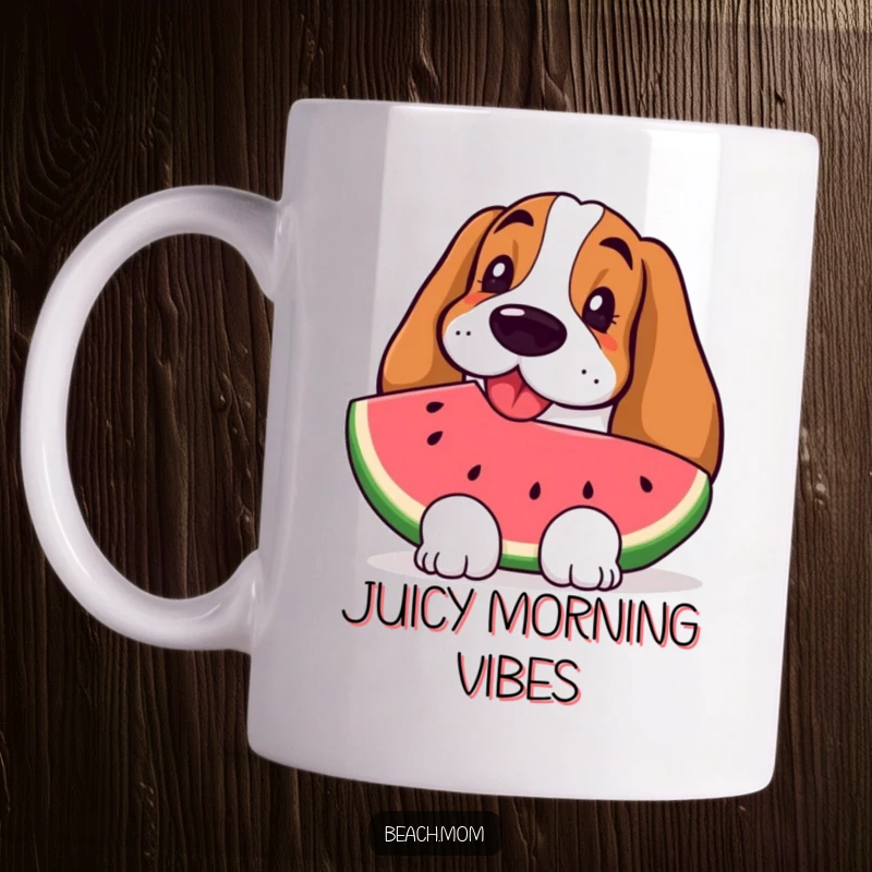 Funny Basset Hound mug showcasing a dog happily munching on a refreshing slice of watermelon on a warm day.