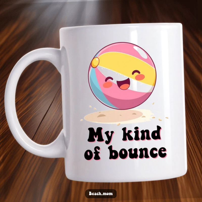 Funny beach ball mug showcasing a cheerful beach ball mid-bounce on warm sand, radiating pure summer happiness.