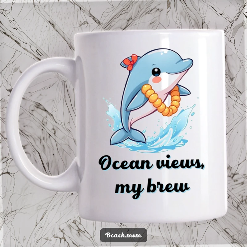 Funny Dolphin Mug: A lei-wearing dolphin leaps joyfully from a sparkling blue water splash, embodying pure fun and vacation vibes.