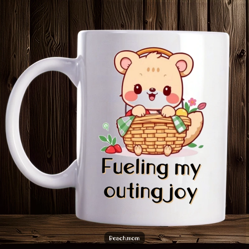 Funny mug: An overjoyed animal character eagerly packs a picnic basket, ready for a delightful outdoor feast.