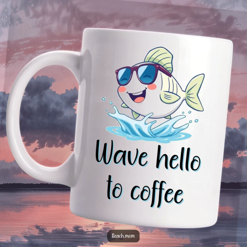 Funny fish mug, wearing sunglasses and happily splashing in a small wave, conveying cool, beachy fun and humor.