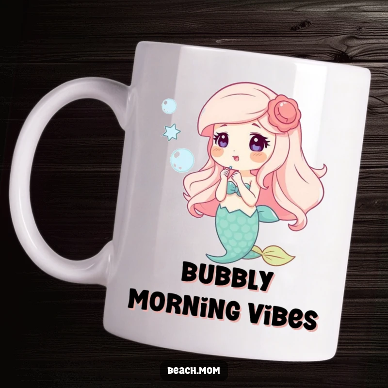 Funny mug featuring a happy mermaid with shell accessories, playfully blowing bubbles, evoking underwater magic and joy.