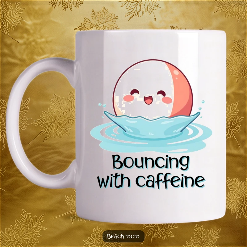 Funny Kawaii Beach Ball Mug featuring a joyful beach ball character happily bouncing on blue water.