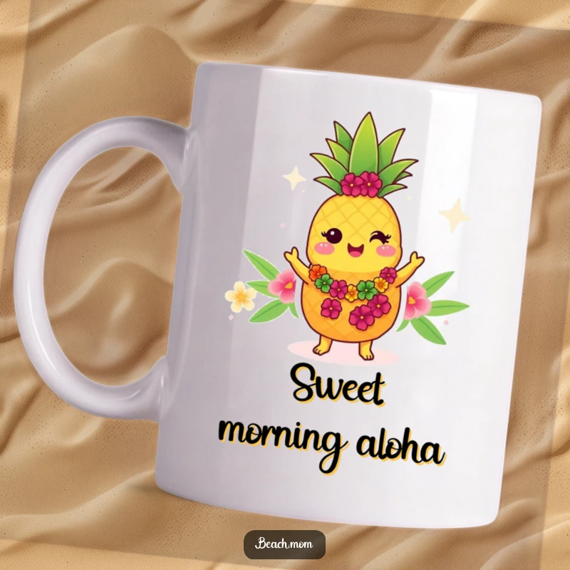 Funny Kawaii pineapple mug, cute cartoon character wearing a lei, doing a hula dance with a happy expression.