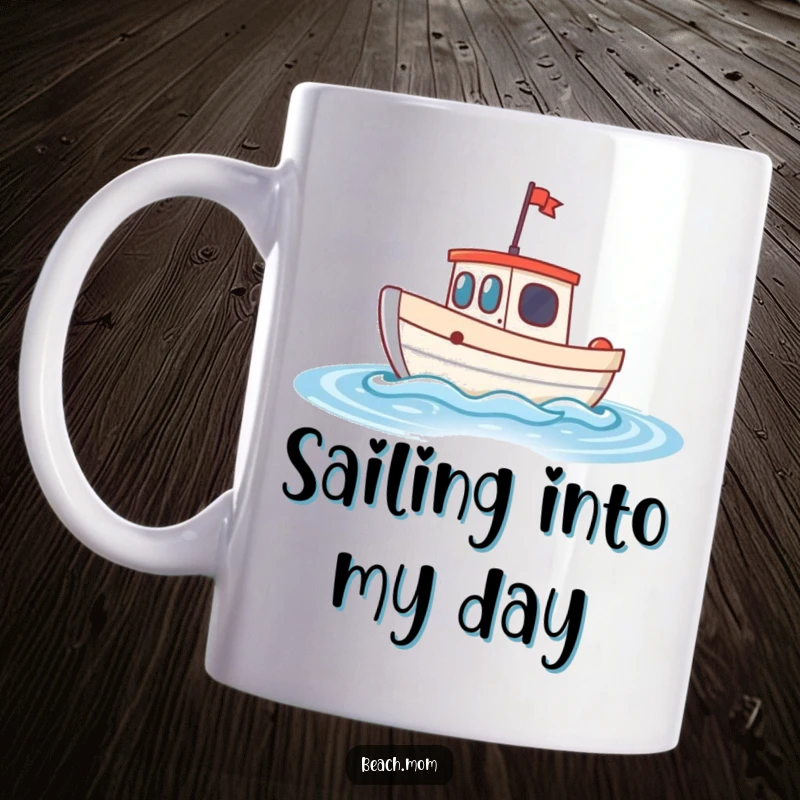 Funny little boat mug featuring a cheerful boat gently bobbing on sparkling blue waves, evoking a sense of peace and calm.