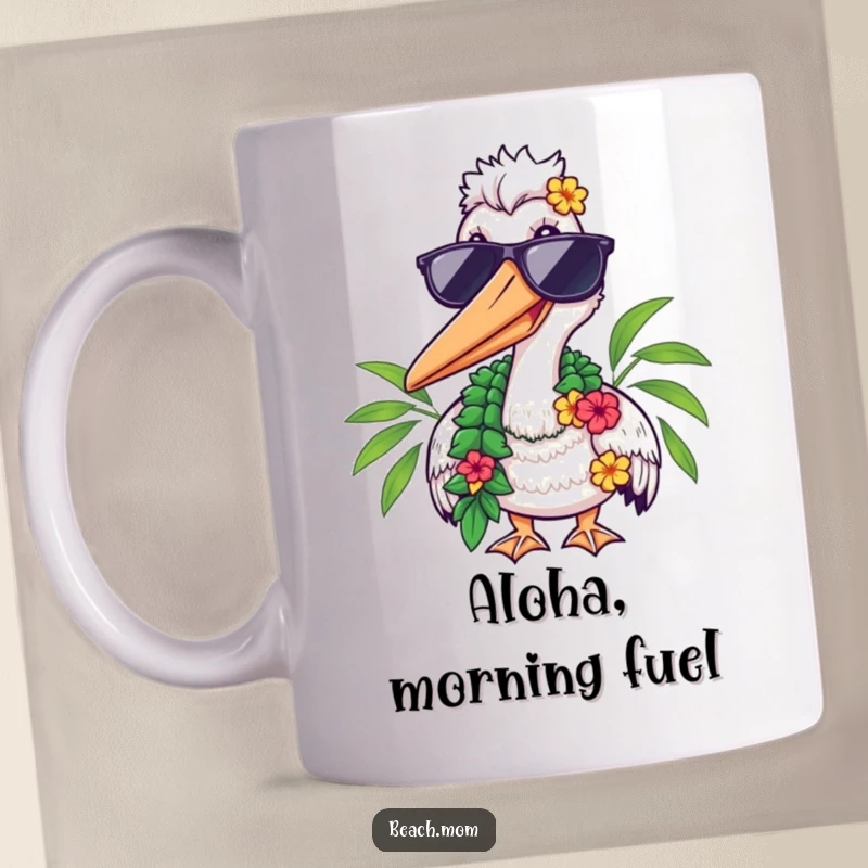 Funny mug featuring a cool pelican wearing sunglasses and a lei, smiling broadly, embodying tropical relaxation.