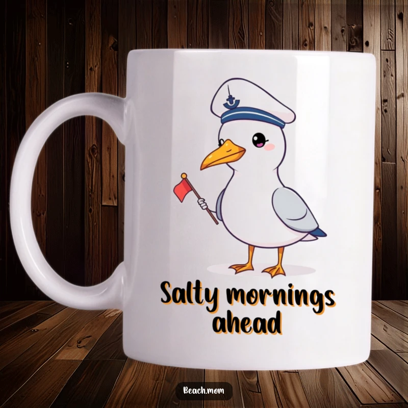 Funny gull in a sailor hat holding a tiny flag, ready for a humorous nautical adventure on a mug.
