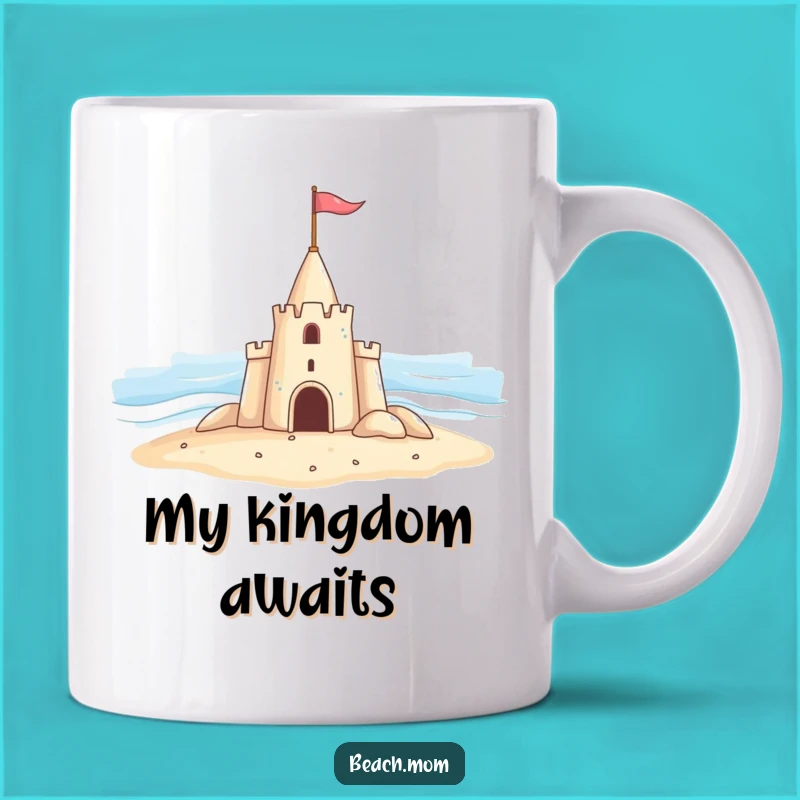 Funny Sandcastle Beach Gift Mug: Cheerful Castle Waving Flag at Ocean