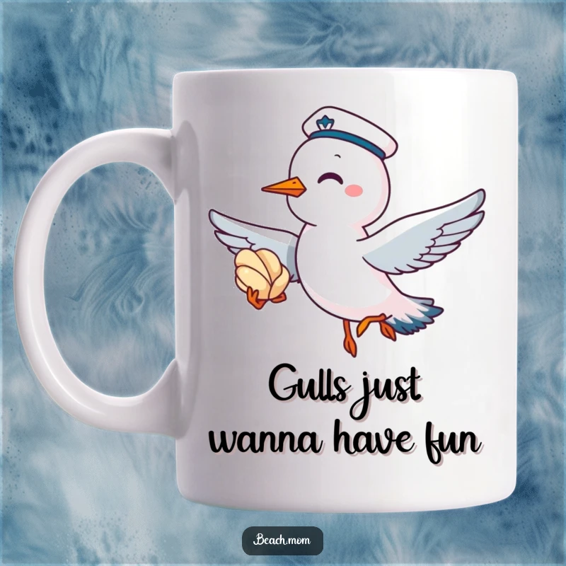 Funny seagull mug wearing a sailor cap, giggling as it flies with a seashell, embodying coastal amusement.