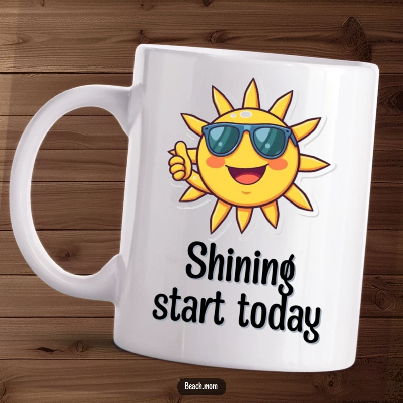 Funny Sun Mug: A smiling sun character wears sunglasses and gives a big thumbs up.