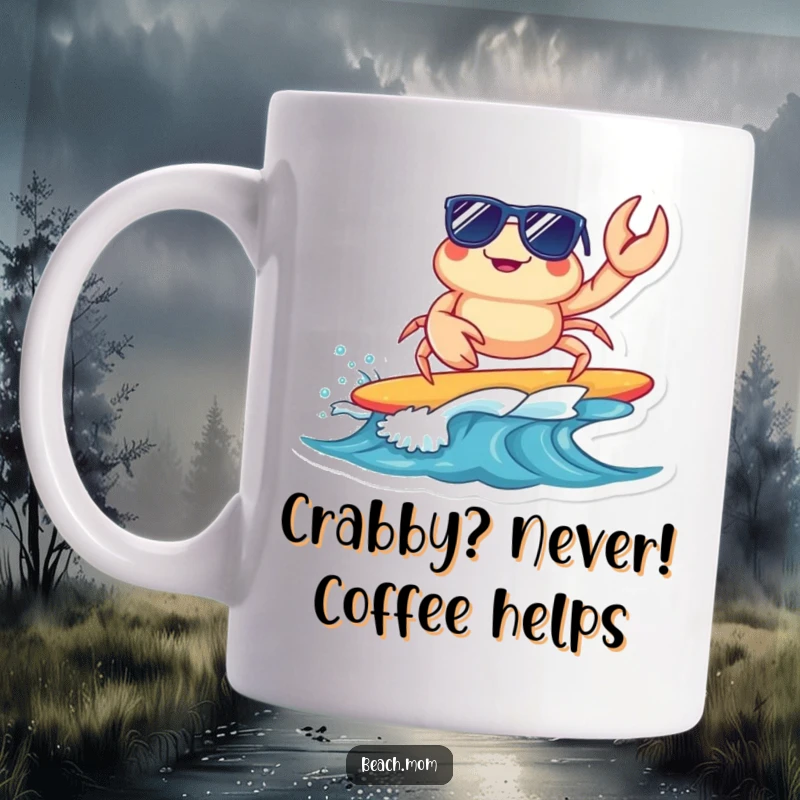 Funny surfing crab mug with a cool crab wearing sunglasses, riding a tiny wave, exuding beach vibes and humor.