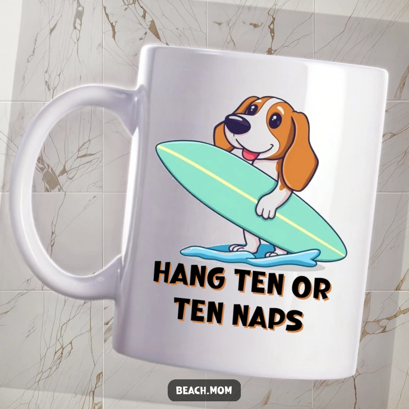 Funny Basset Hound mug shows an excited dog holding a surfboard, ready to paddle into the ocean waves.