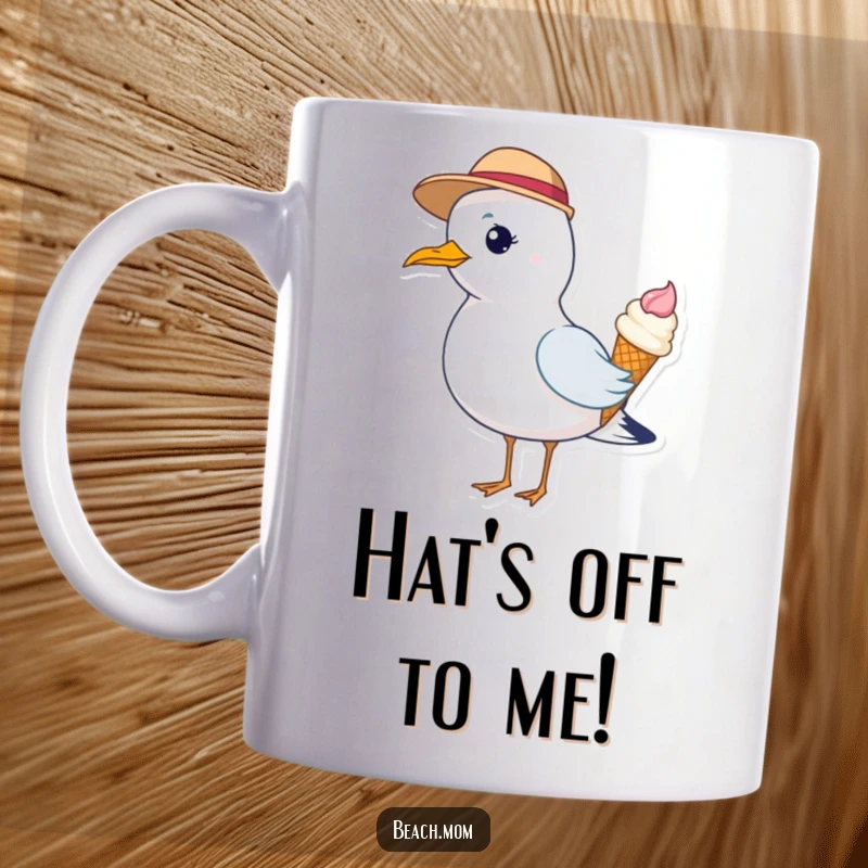 Funny mug with a seagull wearing a small hat and happily holding an ice cream cone, looking quite dapper.
