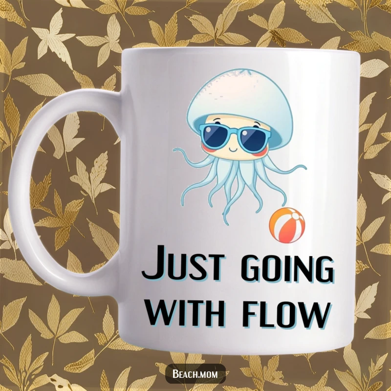 Funny Jellyfish Shades Mug: A cool jellyfish in sunglasses floats past a beach ball, embodying funny beach day relaxation.