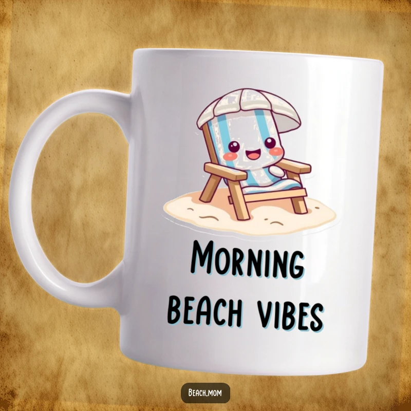 Funny beach chair mug, cartoon character happily sinking into soft sand, representing ultimate relaxation and vacation.