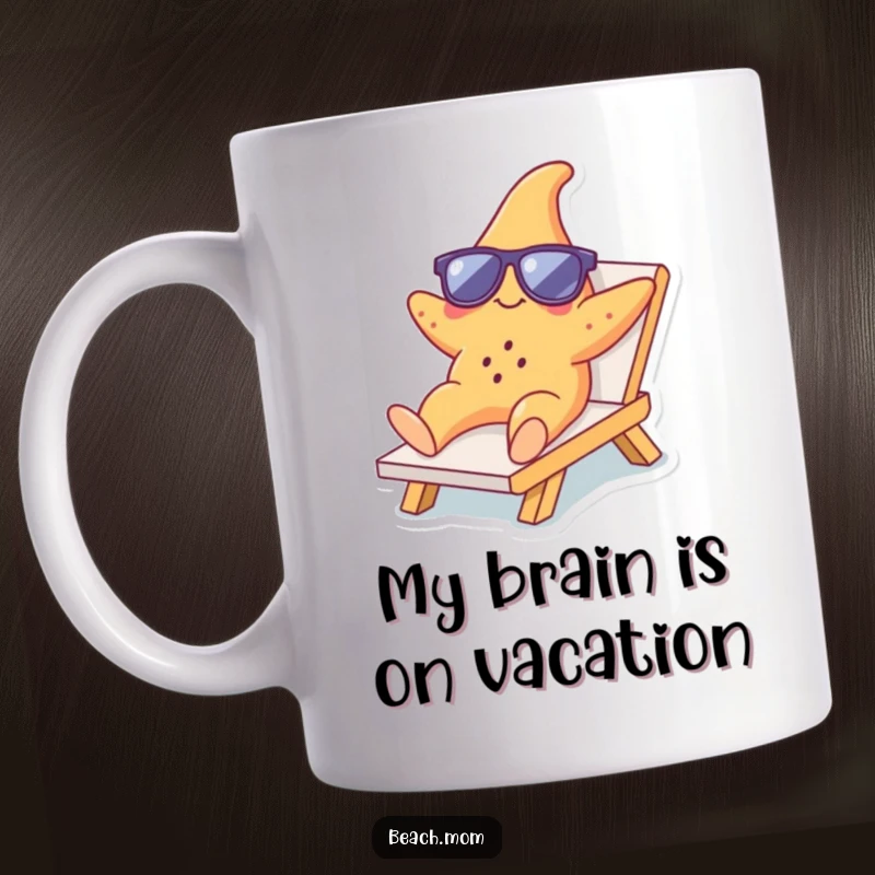 Funny Starfish Lounger Mug: Relaxed starfish in sunglasses on a lounge chair, embodying pure beach bliss and funny vacation vibes.