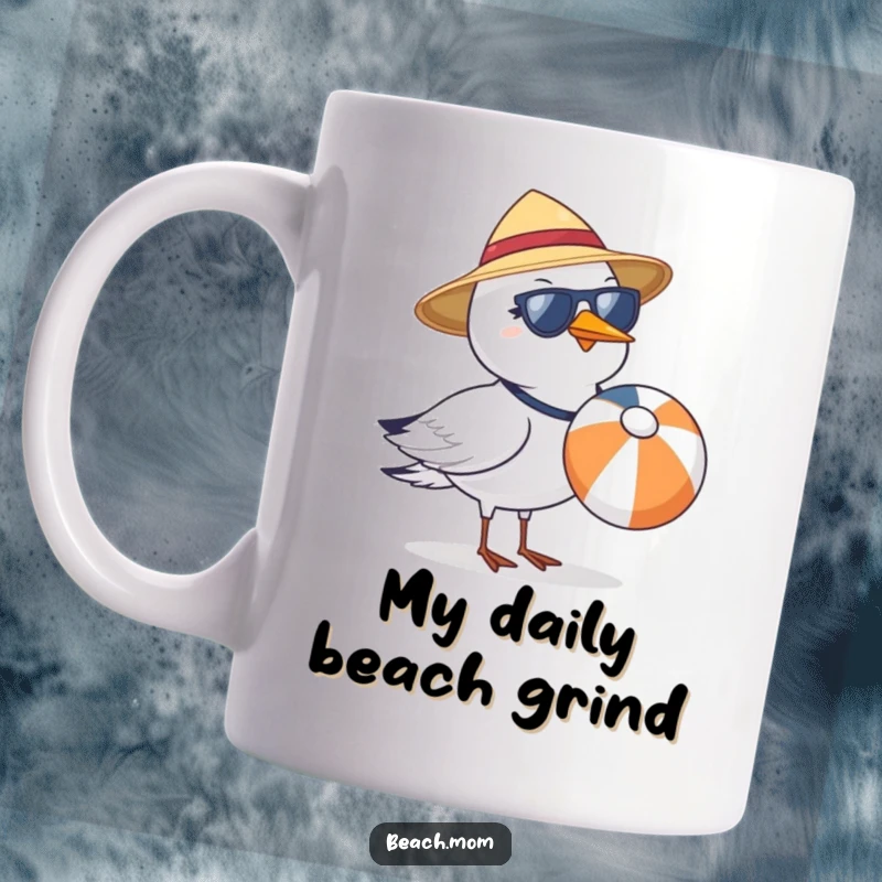 Funny seagull wearing a tiny sun hat and sunglasses, proudly carrying a beach ball, on a mug.