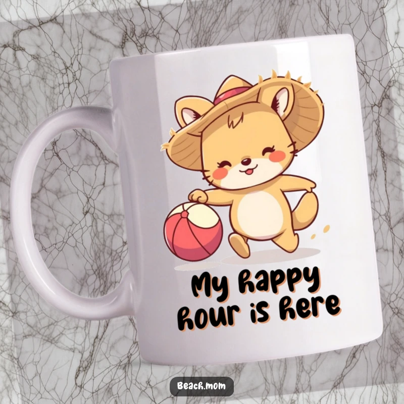 Funny mug: Animated animal in a straw hat joyfully sprints after a beach ball, embodying carefree summer fun.