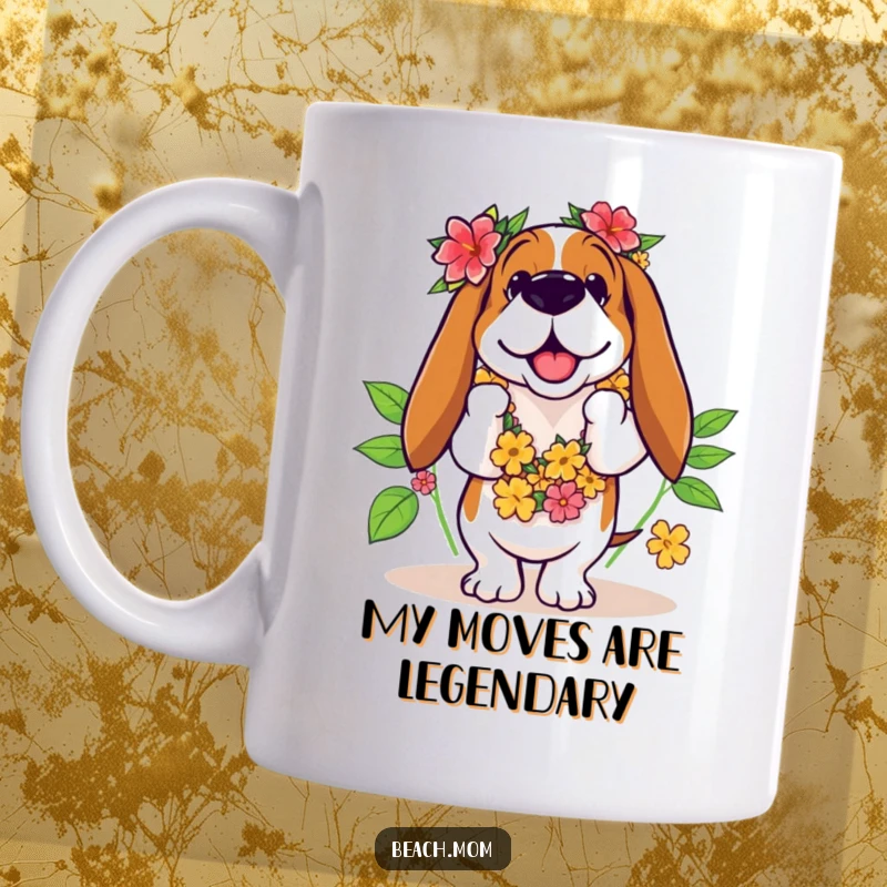Funny Basset Hound mug with a dog wearing a leis and attempting to hula dance with a comical, wobbly stance.