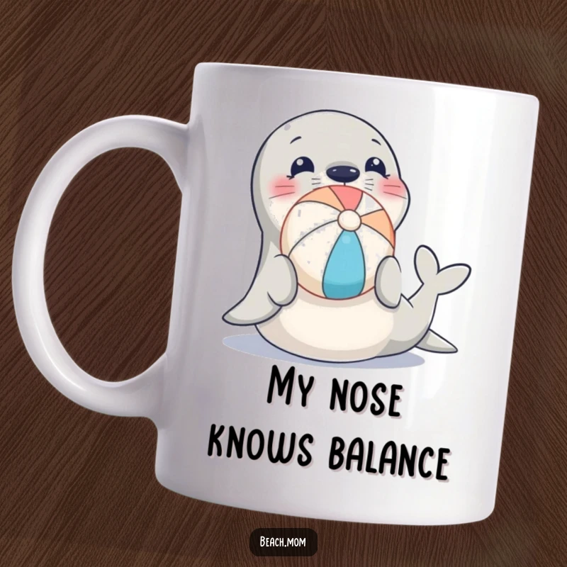 Funny mug featuring a smiling seal expertly balancing a colorful beach ball on its nose, radiating pure joy and playful energy.