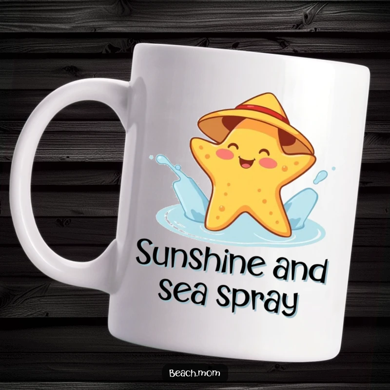 Funny starfish mug featuring a cheerful character in a sunhat playfully splashing water, showing vibrant and humorous ocean delight.