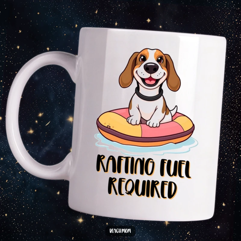 Funny Basset Hound mug showing a dog with a goofy grin riding on a tiny inflatable raft, celebrating water fun.
