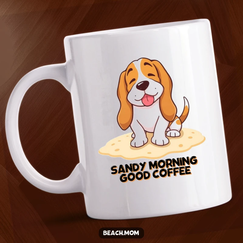 Funny Basset Hound mug shows a happy dog burying its tail in the sand with a contented sigh.