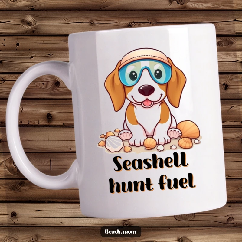 Funny Basset Hound mug featuring a dog wearing a visor, happily collecting seashells on the beach, showcasing a fun hobby.