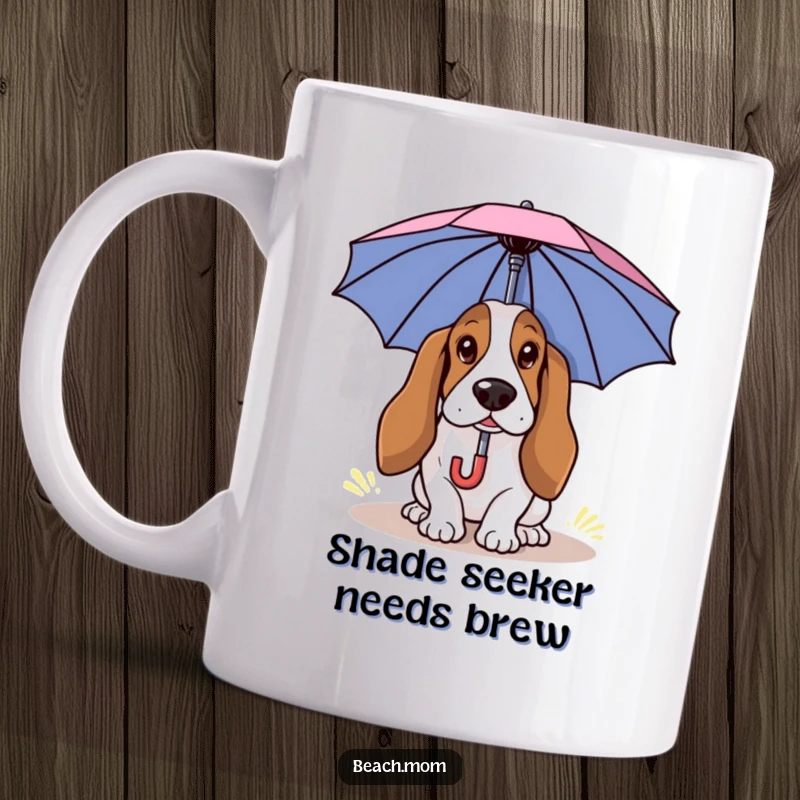 Funny Basset Hound mug showing a dog using a small umbrella to shade itself from the sun, capturing a humorous moment.