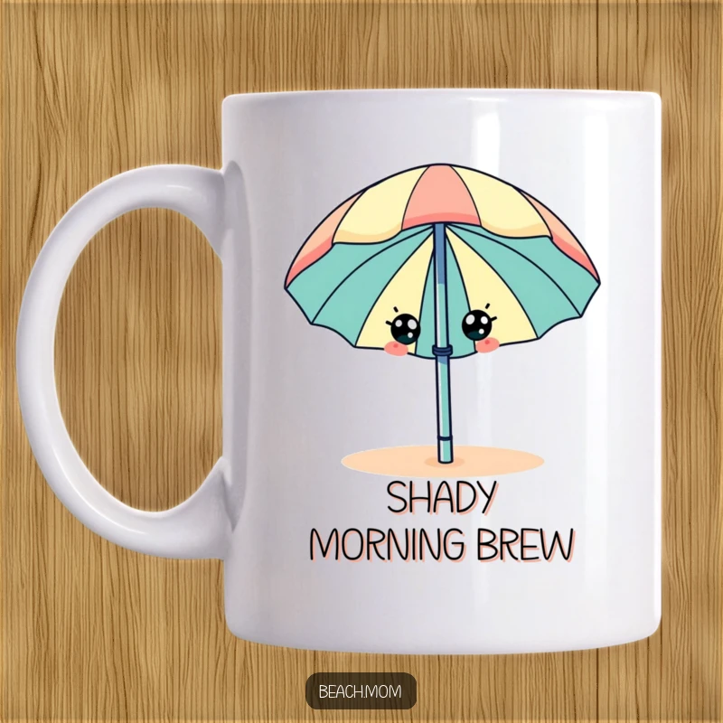 Funny beach umbrella with cartoon eyes, wiggling happily, on a cheerful ceramic mug.