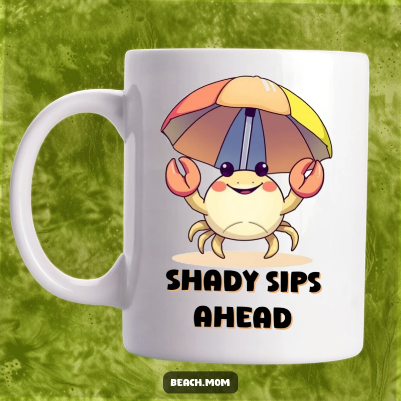 Funny Crab Mug: A happy crab carrying a colorful beach umbrella, ready for the shore.