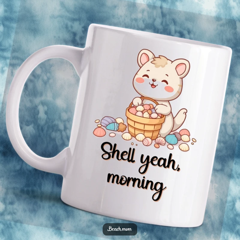 Funny animal character smiling with a bucket full of seashells, happily collecting treasures on the beach, perfect for a mug.
