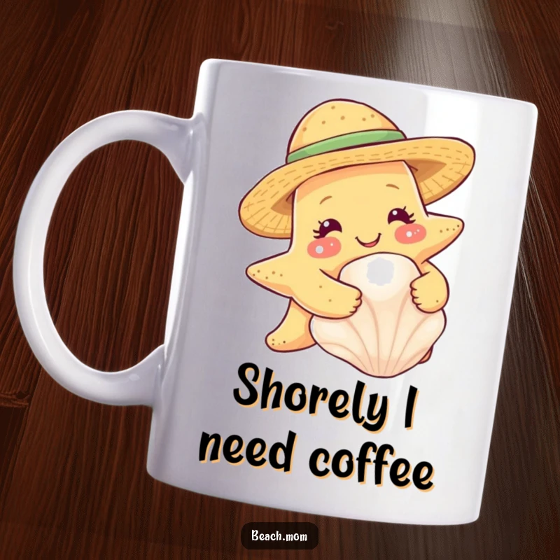 Funny smiling starfish in a straw hat embracing a seashell on a ceramic mug.