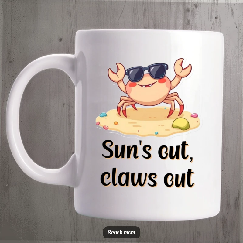 Funny crab mug with sunglasses scuttling on colorful sand, radiating joy and vacation vibes, a perfect beach accessory.
