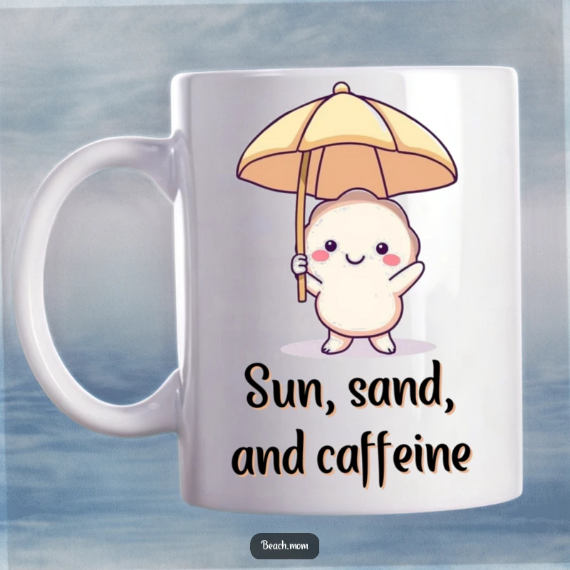 Funny smiling seashell character mug holding a tiny beach umbrella, exuding happiness and vacation vibes, perfect for beach lovers.