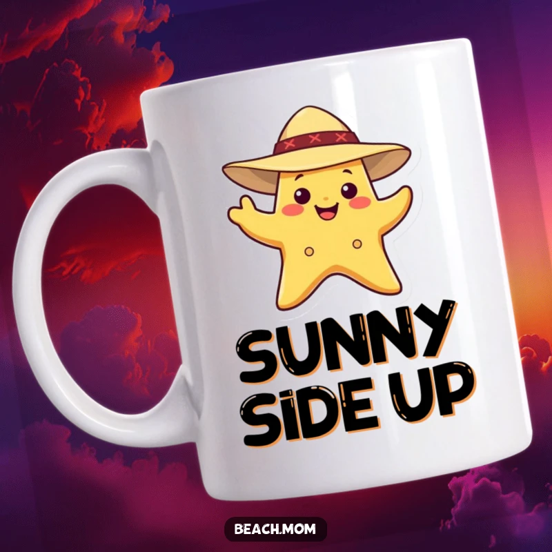 Funny Starfish Mug: A smiling starfish wearing a sun hat, waving hello cheerfully.
