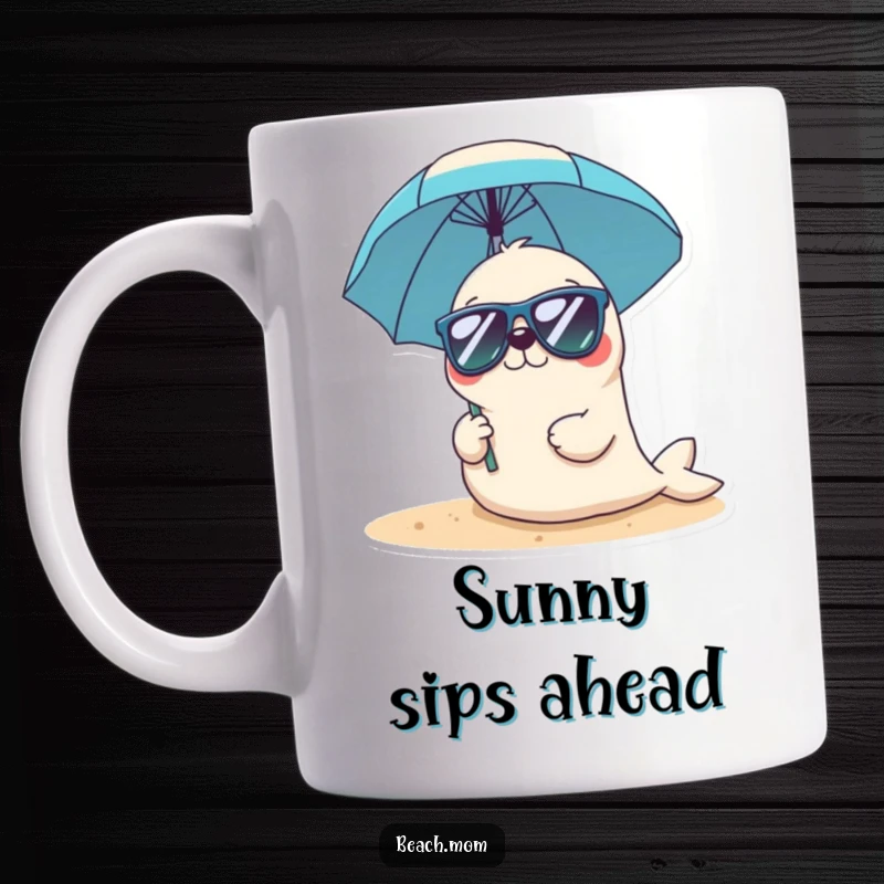 Funny Kawaii seal mug featuring a cute seal character wearing sunglasses and holding a beach umbrella, radiating cool beach vibes.