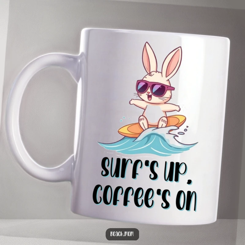 Funny Bunny Surfer mug featuring a cool bunny with sunglasses happily riding a tiny wave, embodying ultimate beach vacation vibes.