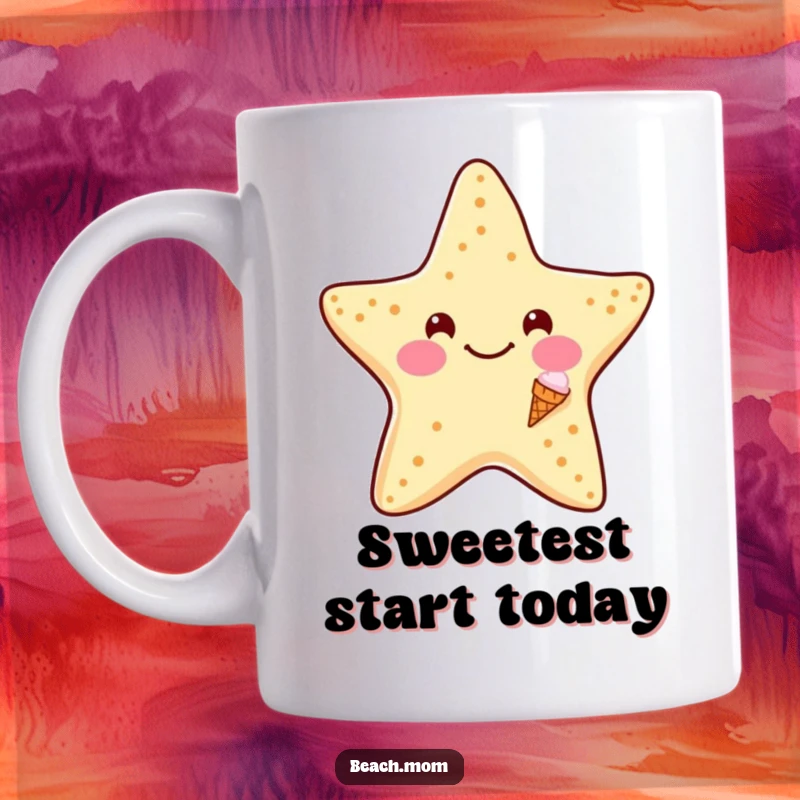 Funny Starfish Ice Cream Mug: A smiling starfish wearing a tiny ice cream cone, embodying funny, sweet beachside happiness.