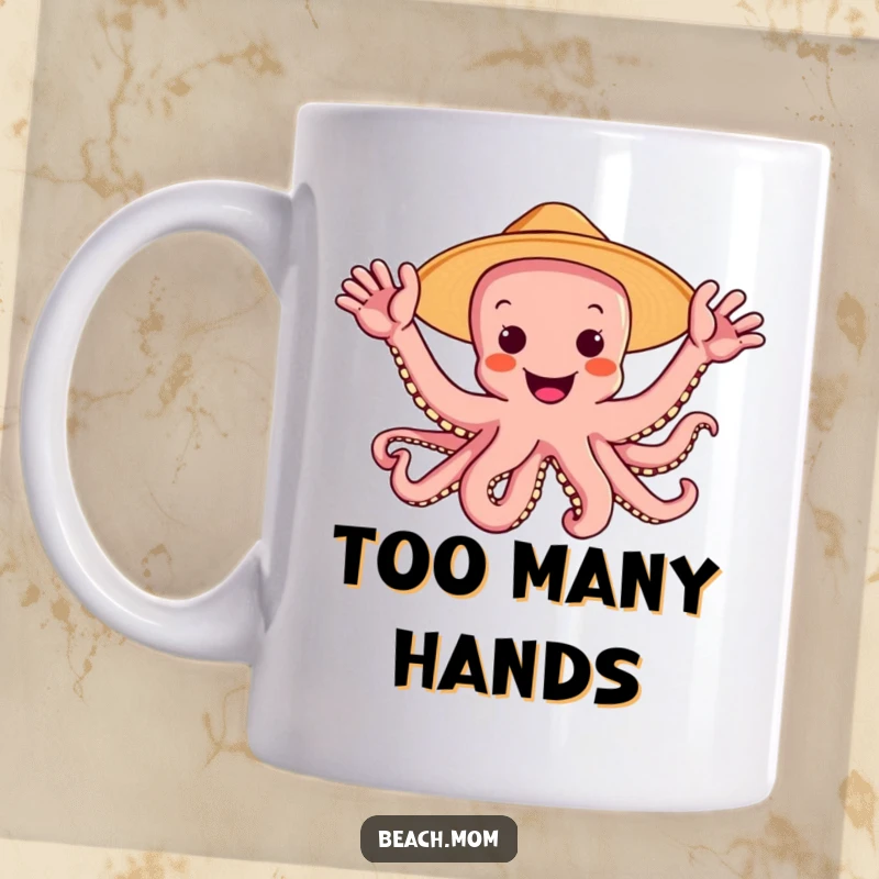 Funny, joyful octopus wearing a sun hat and waving all its multiple arms, depicted on a mug, expressing pure delight.