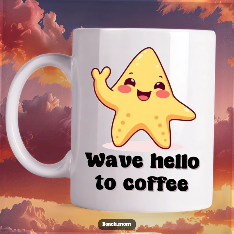Funny happy starfish mug with one tentacle waving joyfully, exuding cheer and aquatic fun, perfect for ocean lovers.