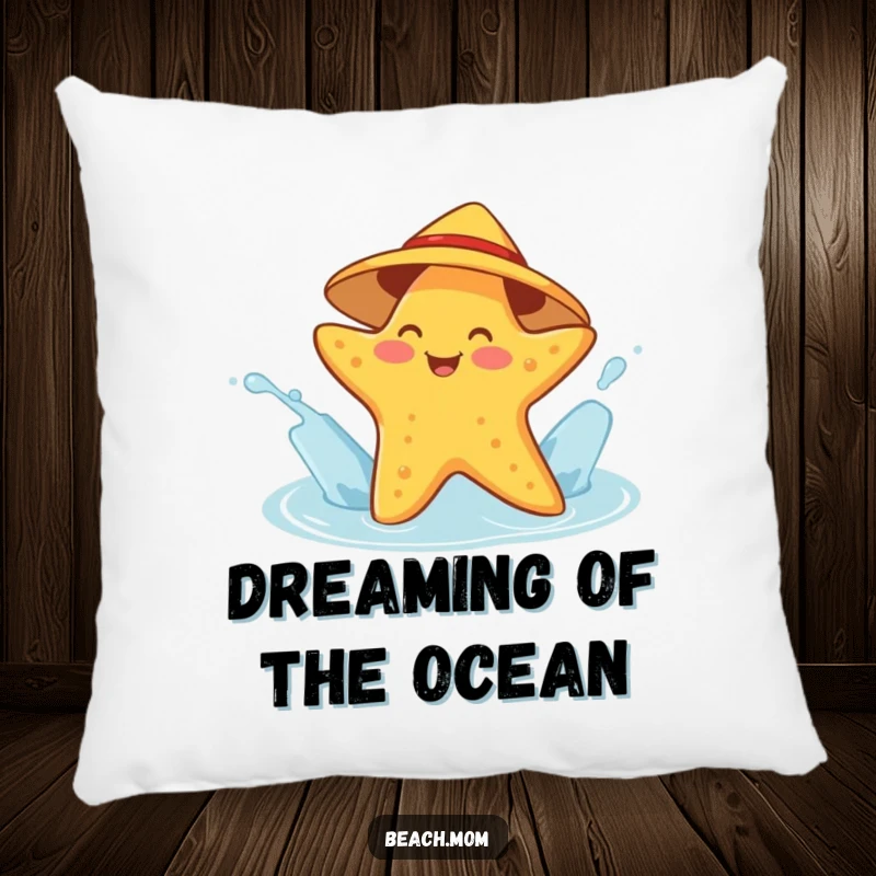 Funny starfish pillow showing a cheerful character in a sunhat splashing water, offering humorous ocean playfulness and comfort.