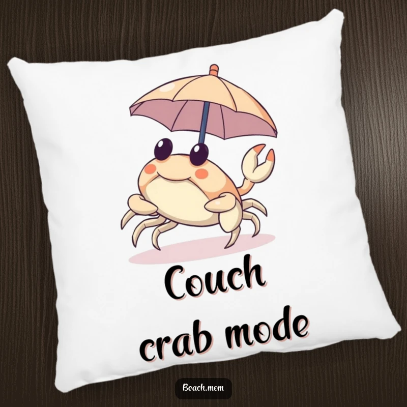 Funny pillow featuring a crab scuttling sideways with a tiny umbrella, perfect for adding comfort and humor.