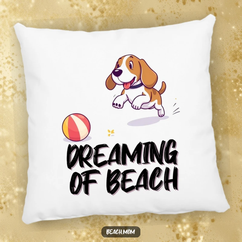 Funny Basset Hound pillow showing a dog playfully chasing a beach ball on the shore, adding a touch of whimsical seaside fun.