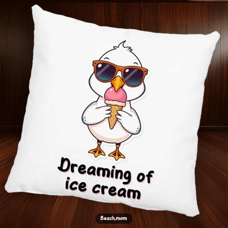 Funny seagull character pillow wearing sunglasses, enjoying an ice cream cone, adding cool comfort and beachy charm.