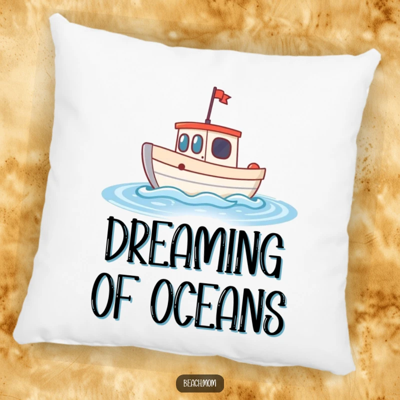 Funny little boat pillow featuring a cheerful boat bobbing on sparkling waves, offering soft, seaside-inspired comfort.