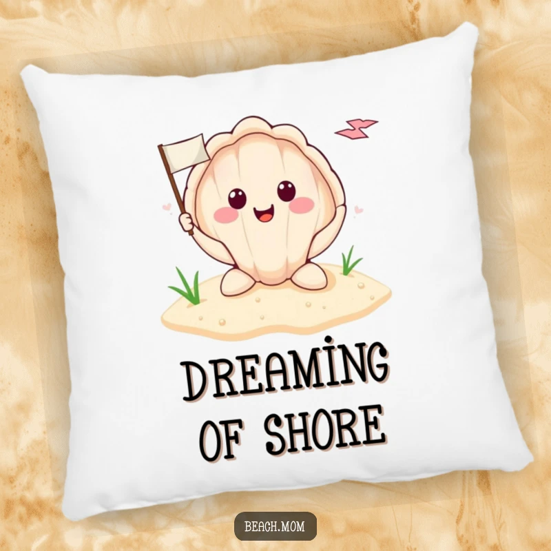Funny smiling seashell holding a tiny flag planted in the sand, depicted on a soft pillow, adding coastal humor to any room.