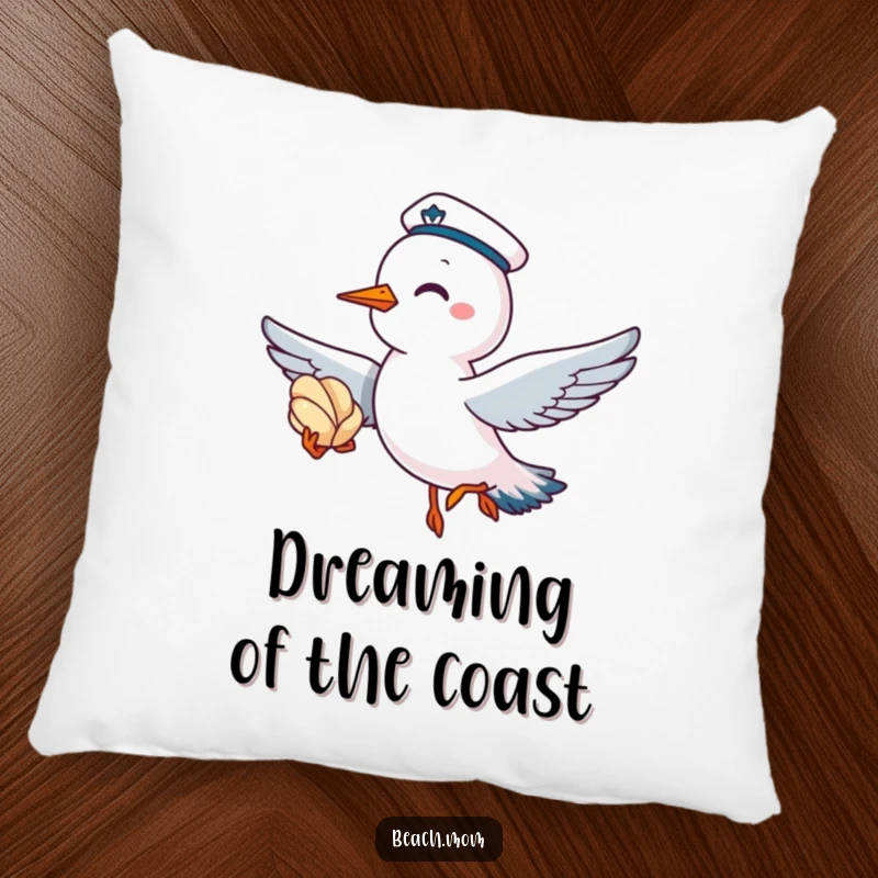 Funny pillow featuring a giggling seagull wearing a sailor cap, flying with a seashell, for cozy coastal vibes.