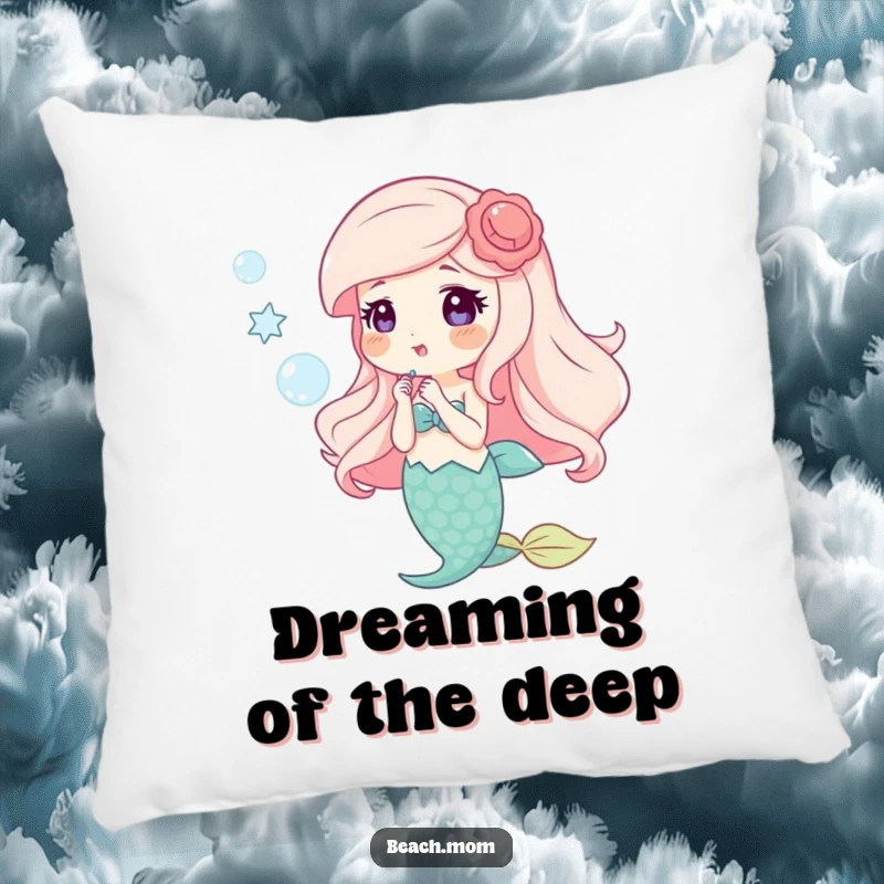 Funny pillow featuring a happy mermaid with shell accessories blowing bubbles, offering comfort and whimsical decor.